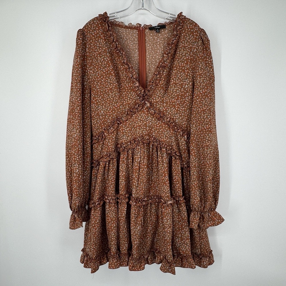 Lulus XL Rust Floral Ruffle Mini Dress Boho Cottagecore Long Sleeve Tiered Flowy